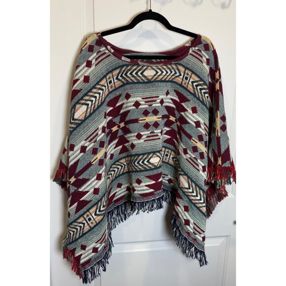 Southwestern Pattern Knit Poncho With Fringe Hem - Picture 1 of 5